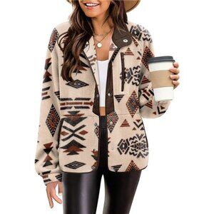 Women Fleece Jacket Cozy Snap Button Western Aztec Print Coat Pockets Warm Fall